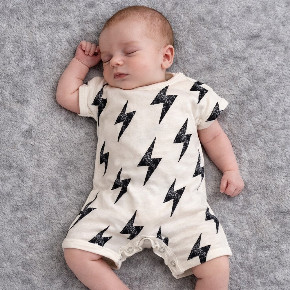 Newborn Boys’ Off-White Mini Rib Romper  Lightning  Bolt - Grayson Mini
